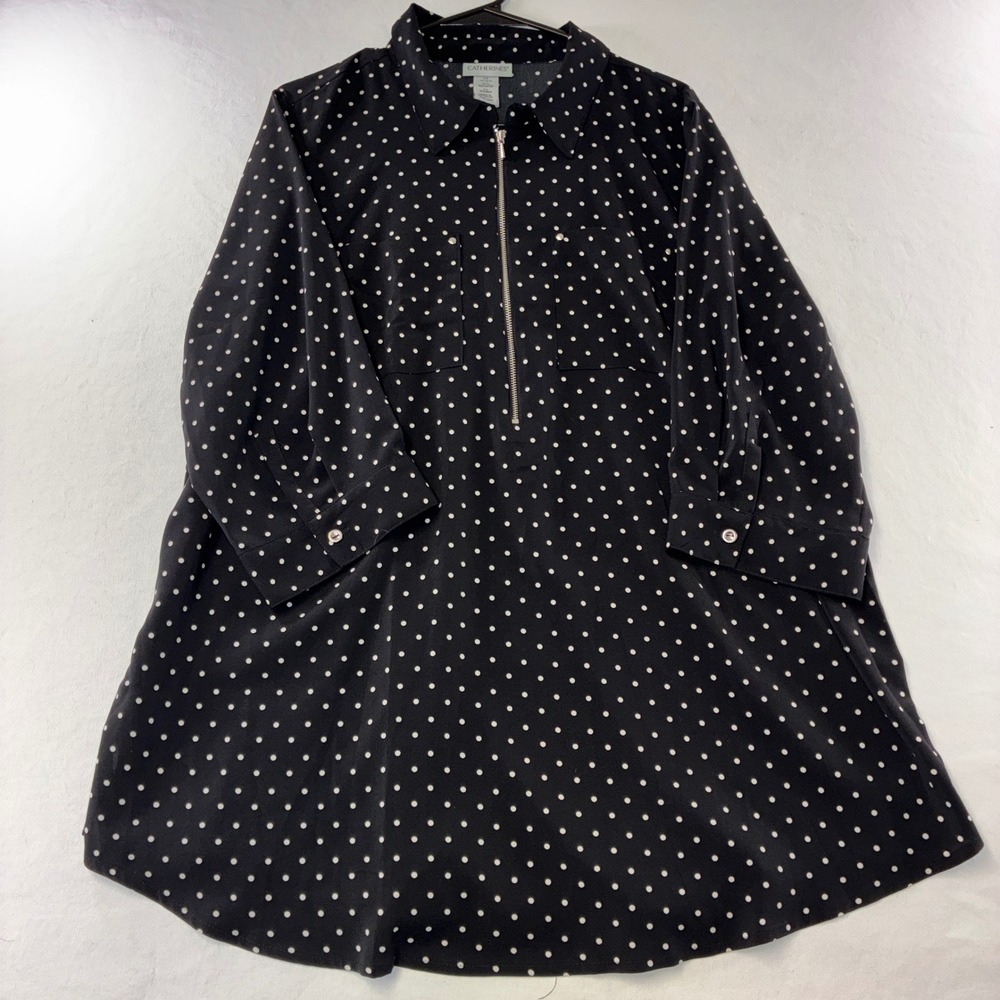 424 Catherines Tunic Top 0X Black Polka Dot Half Zip 3/4 Sleeve Plus Size